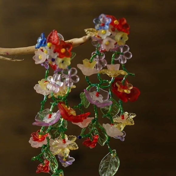 FARM Rio Jewelry - beaded floral tropical dangling earrings for FARM Rio Ad. Silver back